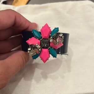 J. Crew Black Acrylic Cuff Bracelet Encrusted with Colorful Rhinestones